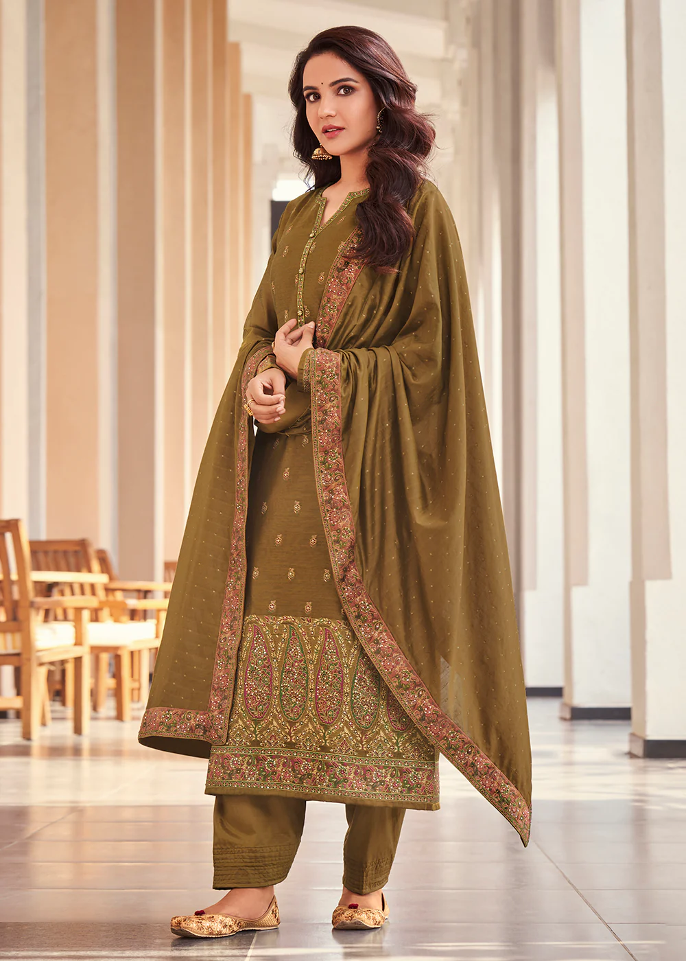 Khaki Jacquard Embordered Festive Pant Salwar Suit