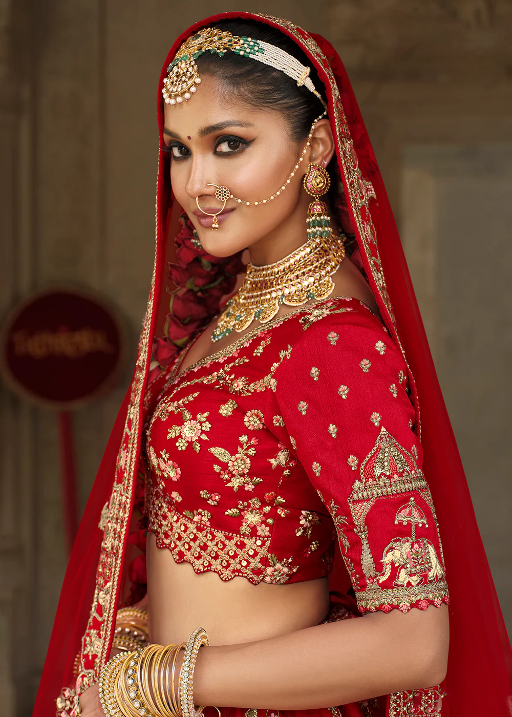 Khatli Embroidered Bright Red Silk Bridal Lehenag Choli - Image 2