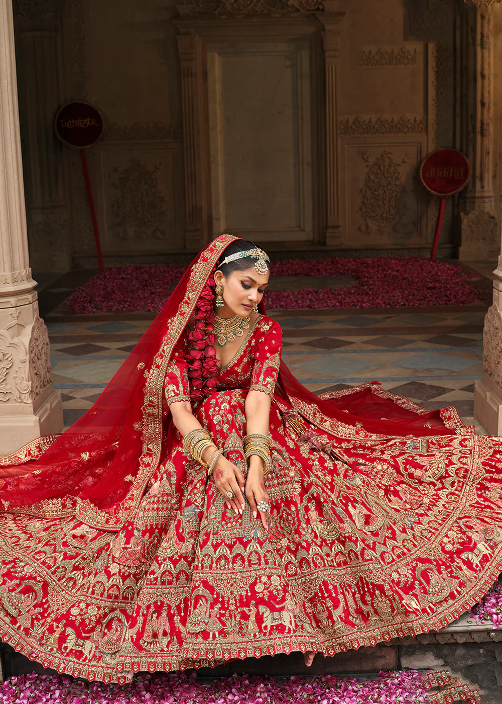 Khatli Embroidered Bright Red Silk Bridal Lehenag Choli - Image 4