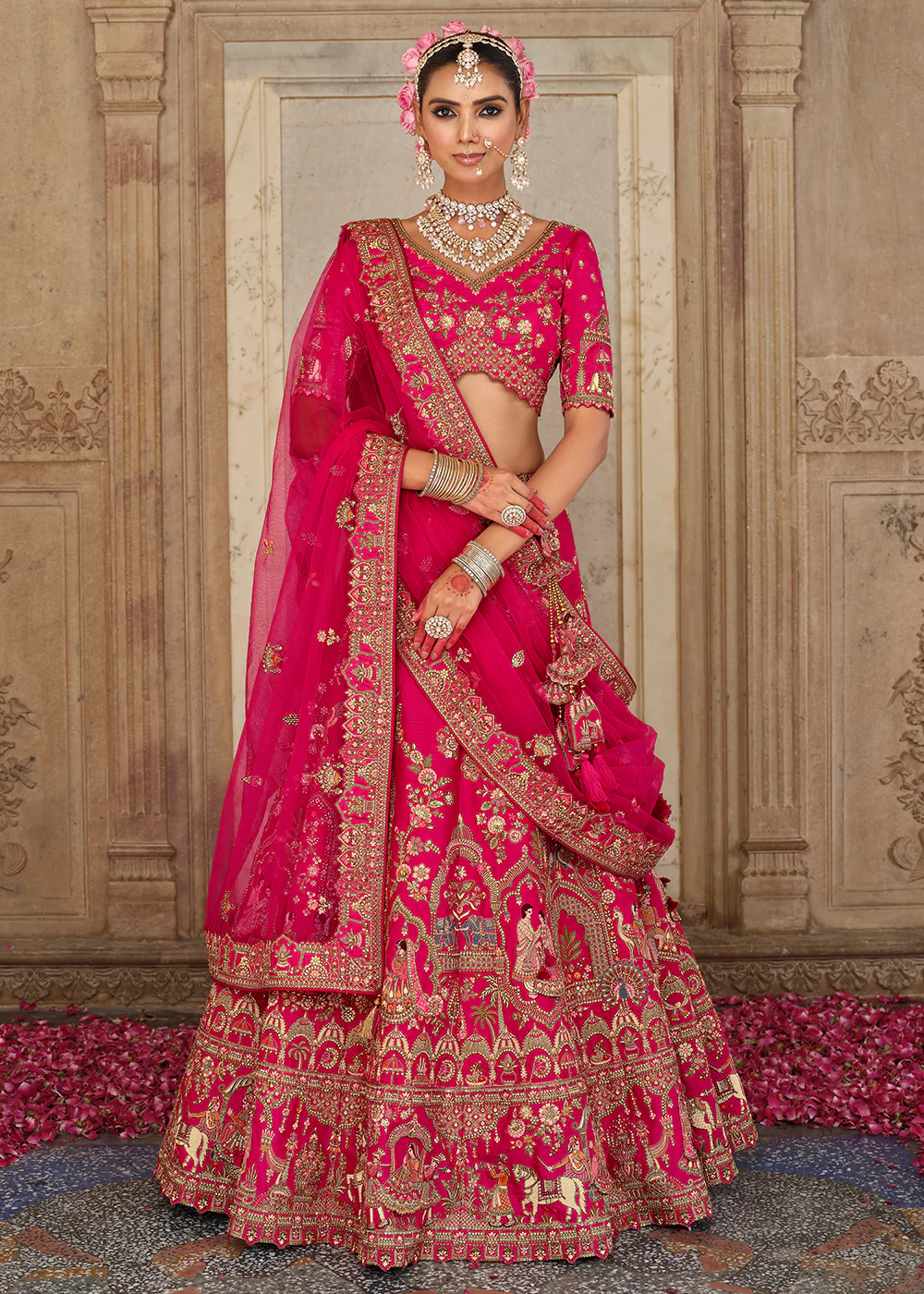 Khatli Embroidered Hot Pink Silk Bridal Lehenag Choli