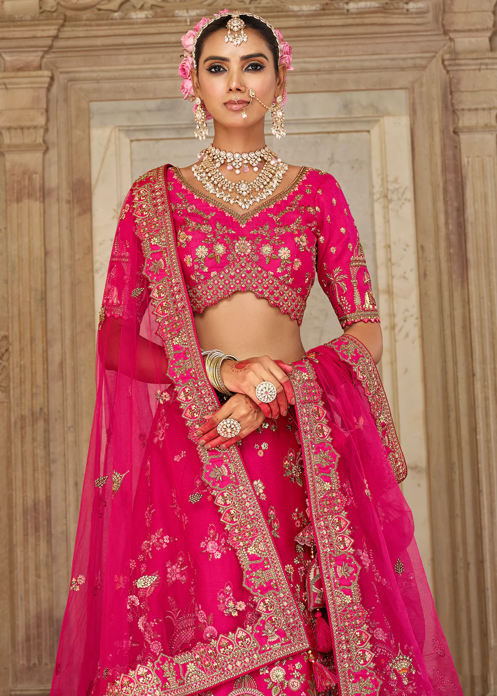 Khatli Embroidered Hot Pink Silk Bridal Lehenag Choli - Image 2