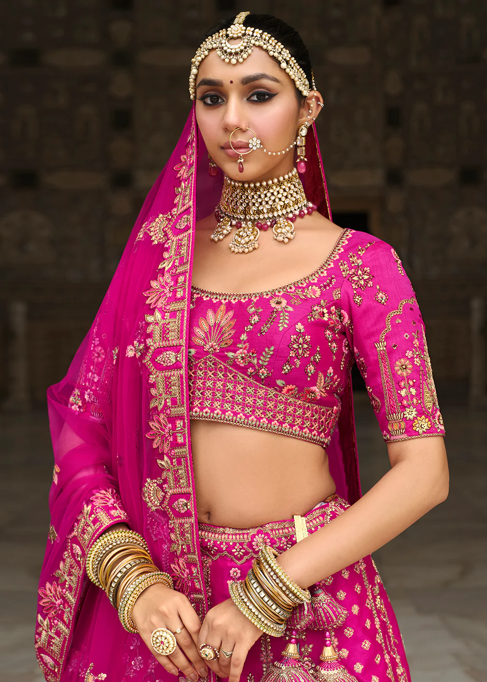 Khatli Embroidered Rani Pink Silk Bridal Lehenag Choli - Image 2