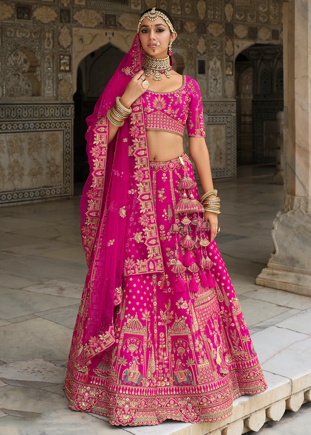 Khatli Embroidered Rani Pink Silk Bridal Lehenag Choli - Image 3