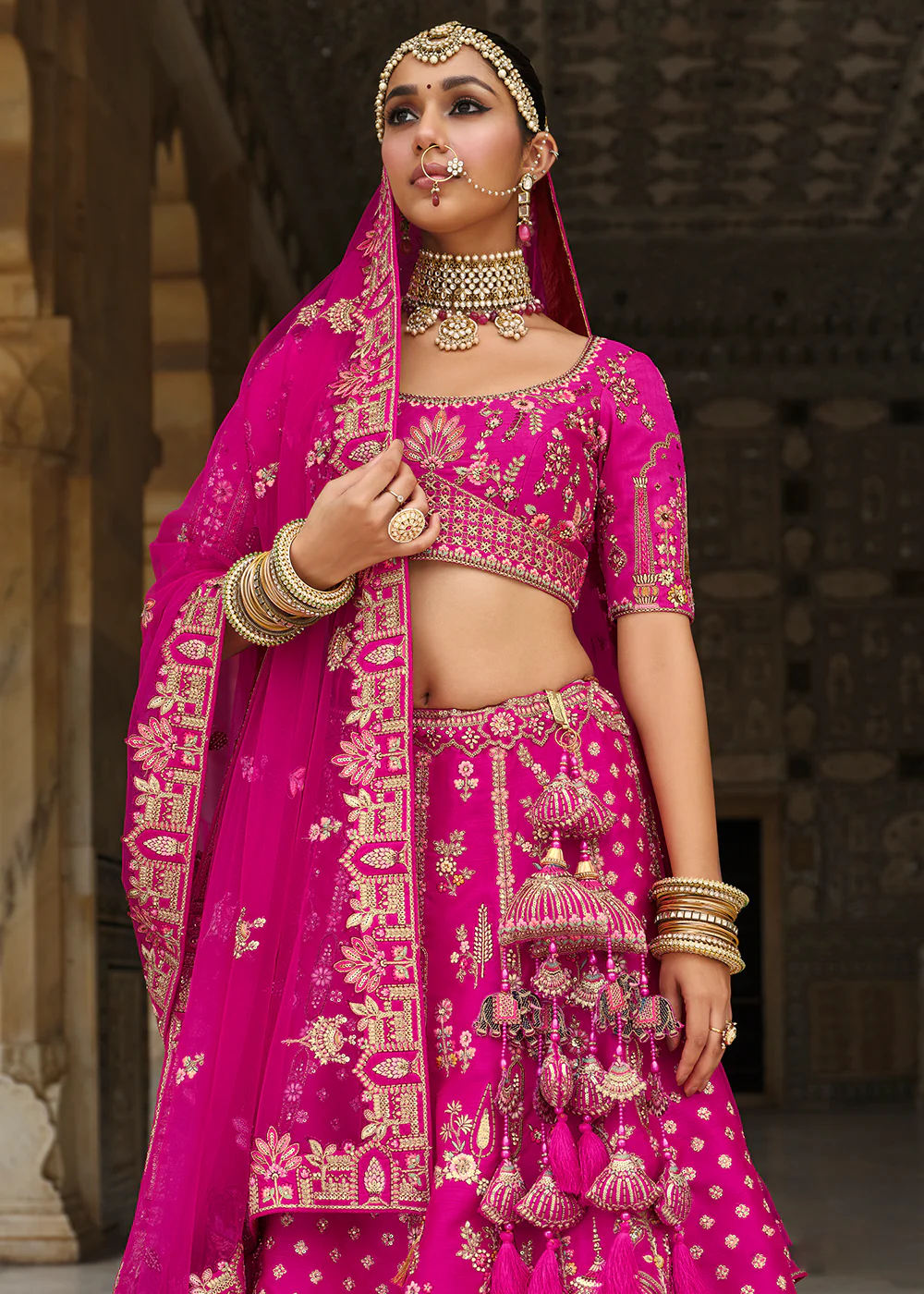 Khatli Embroidered Rani Pink Silk Bridal Lehenag Choli - Image 4