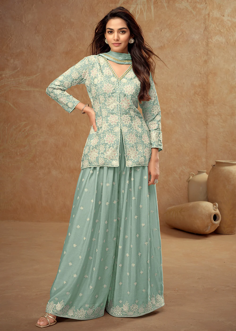Kurti Style Embroidered Aqua Blue Palazzo Suit