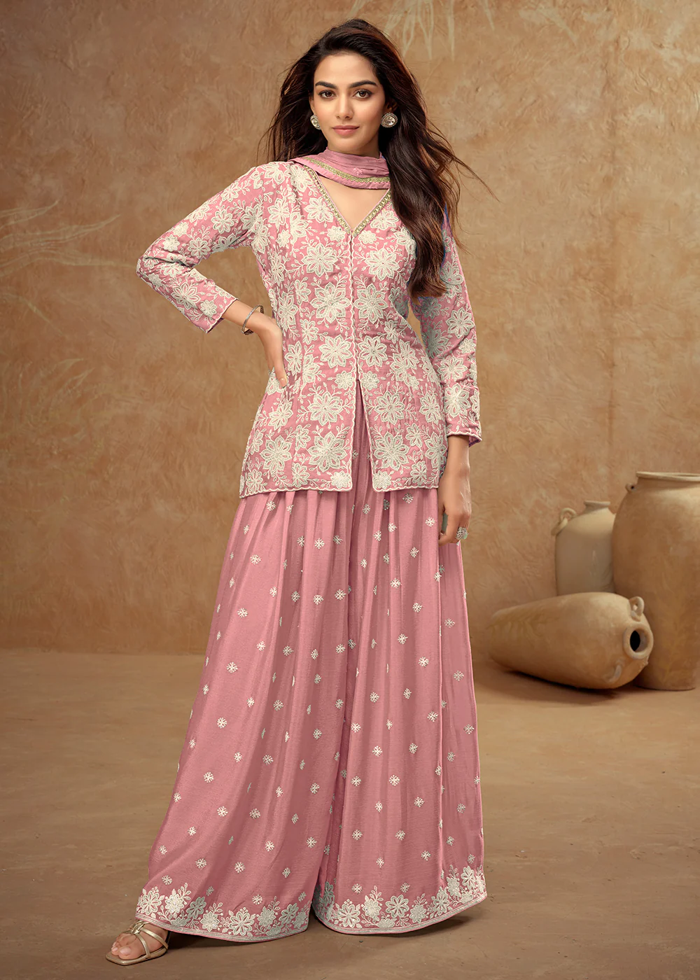 Kurti Style Embroidered Coral Pink Palazzo Suit