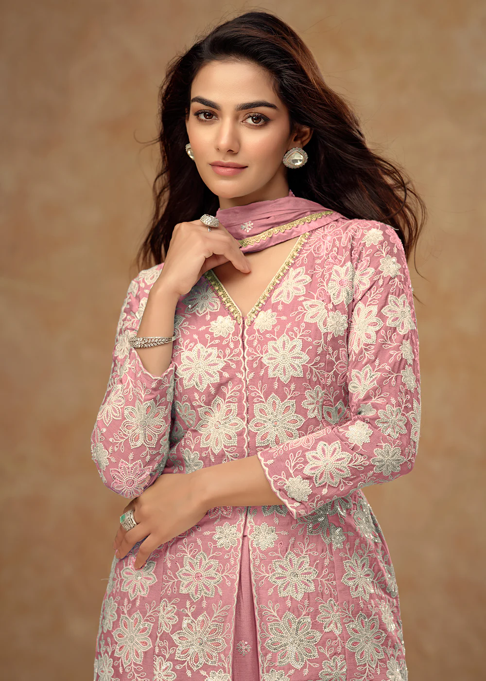 Kurti Style Embroidered Coral Pink Palazzo Suit - Image 2