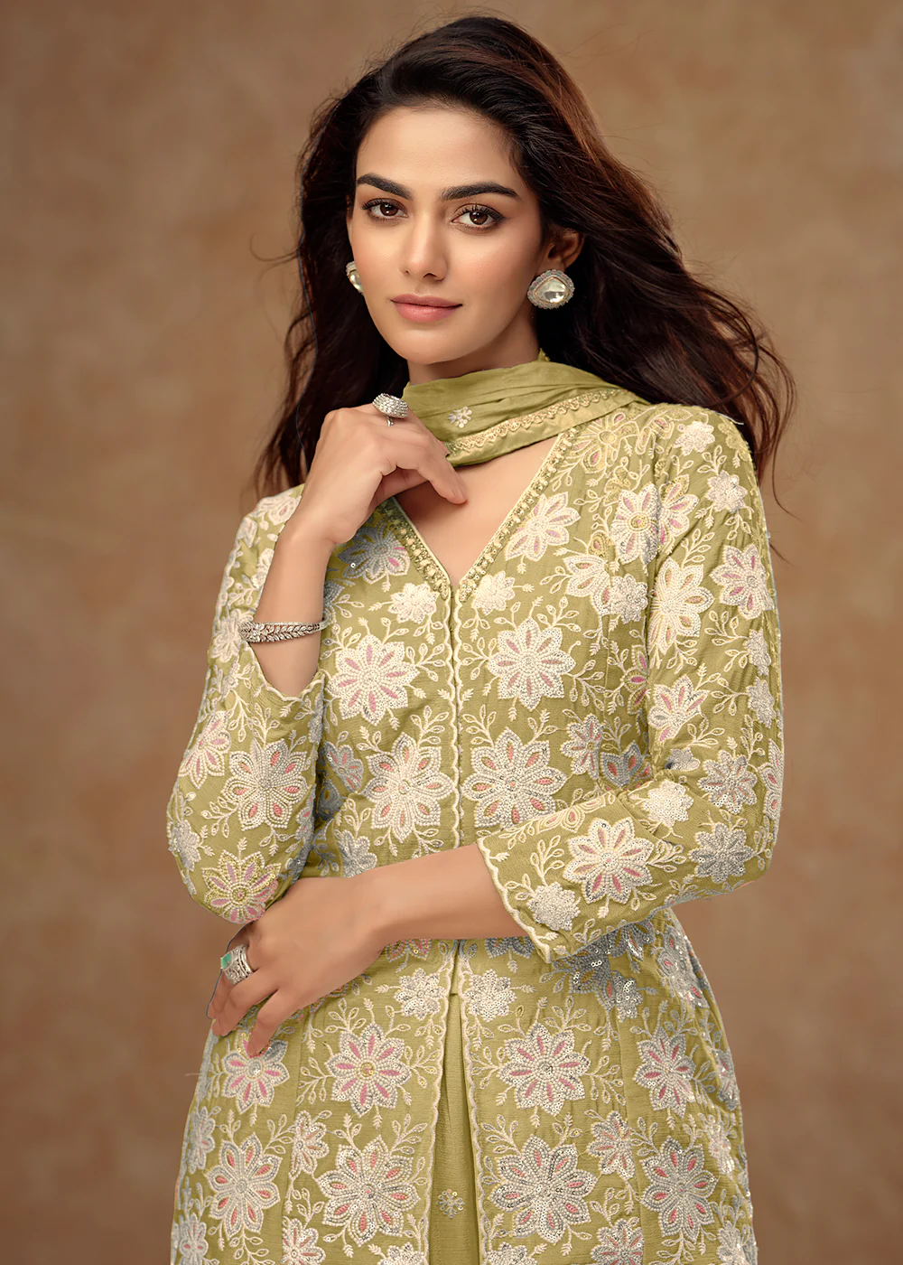 Kurti Style Embroidered Green Palazzo Suit - Image 2