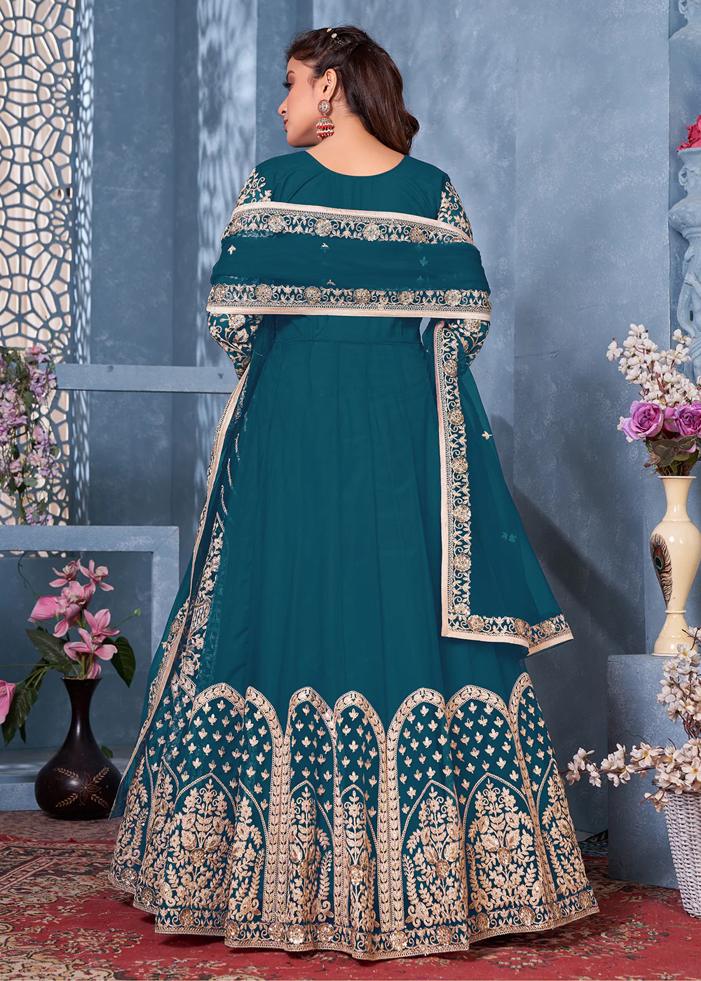 Lagoon Blue Net Abaya Style Heavy Embroidered Anarkali Suit - Image 3