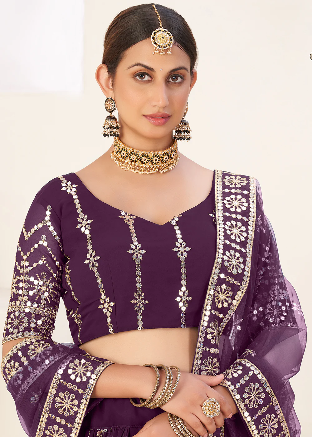 Latest Purple Bordered Sequins Sangeet Wear Lehenga Choli - Image 2