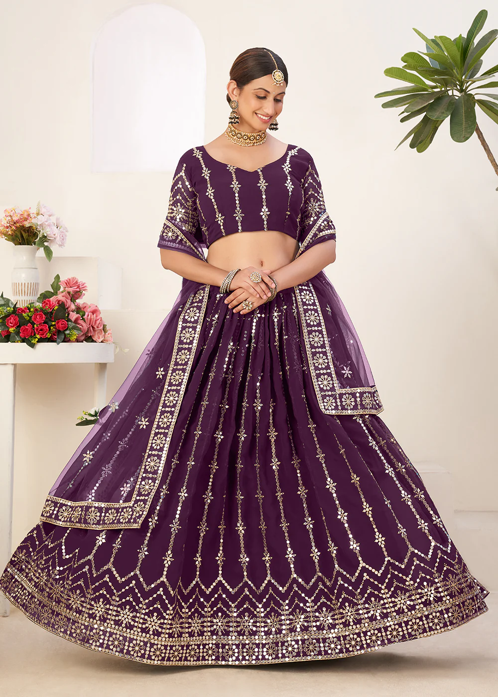Latest Purple Bordered Sequins Sangeet Wear Lehenga Choli - Image 4