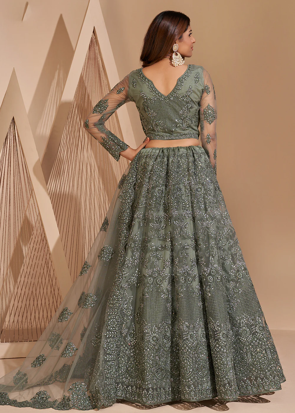 Laurel Green Designer Bridesmaids Wedding Lehenga Choli - Image 4