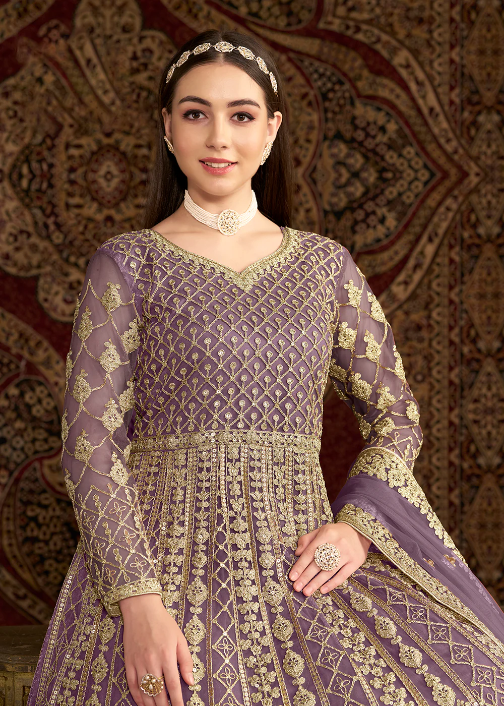 Lavender All Over Embroidered Net Wedding Anarkali Gown - Image 2