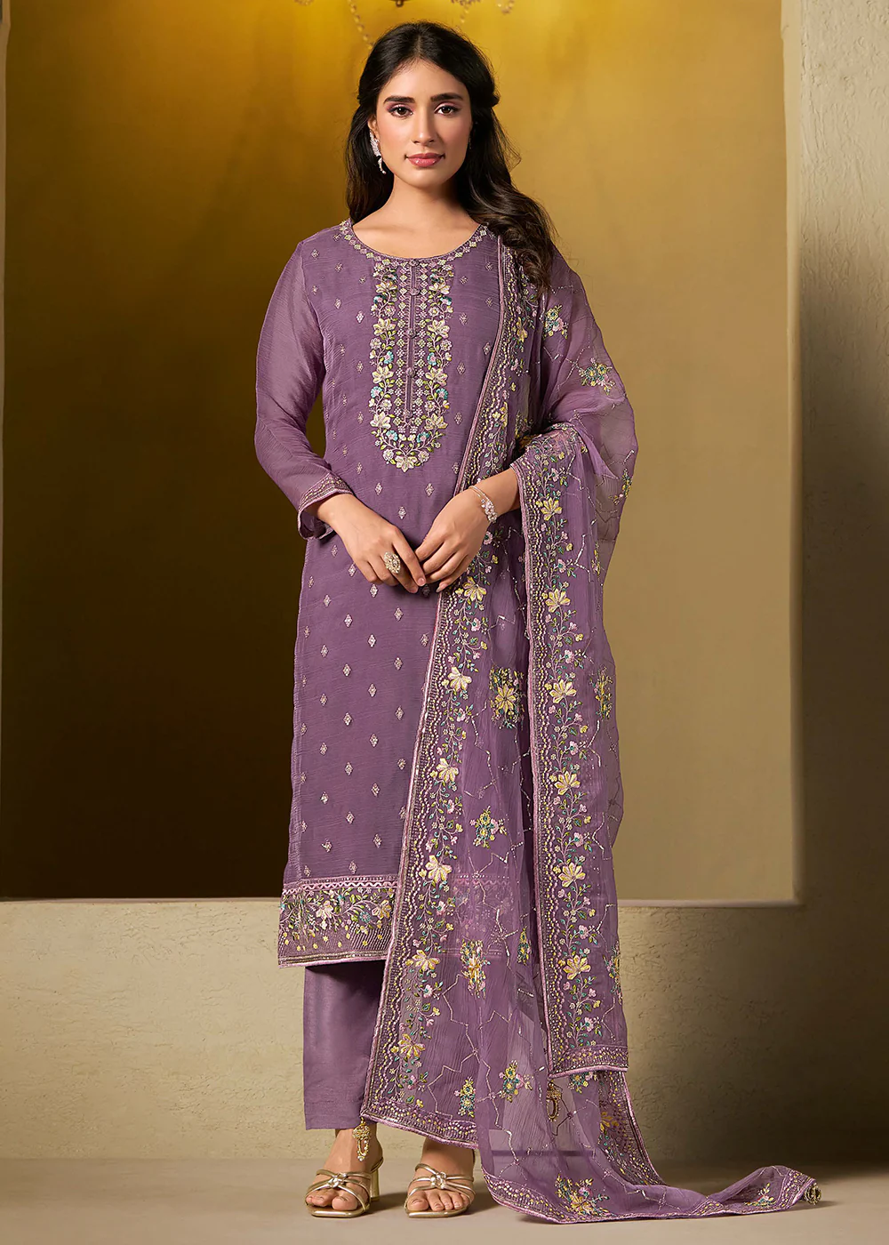 Lavender Chiffon Swarovski Embroidered Salwar Suit