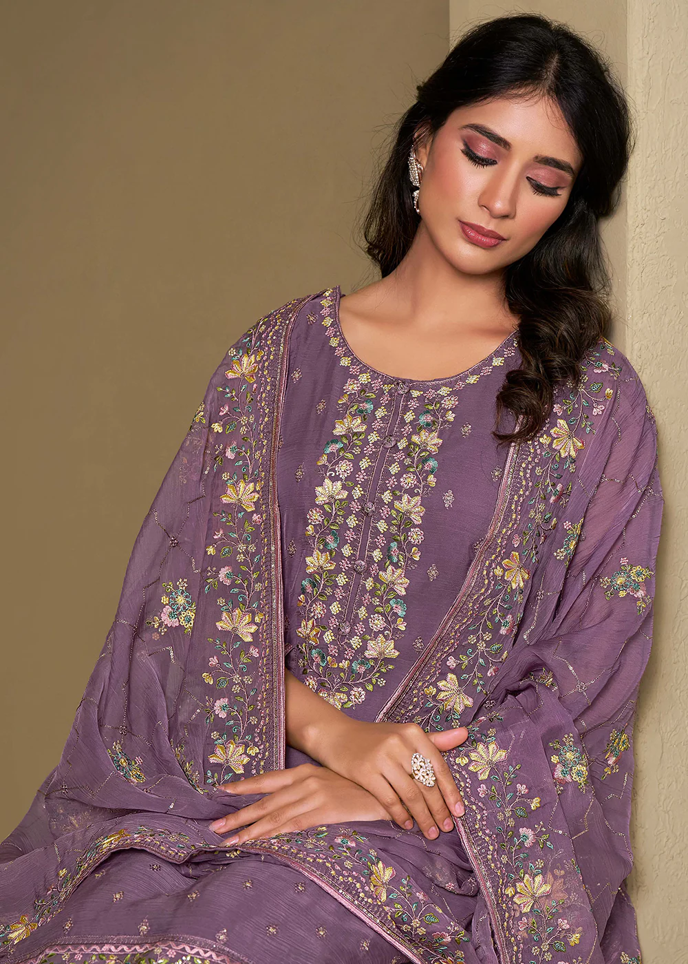 Lavender Chiffon Swarovski Embroidered Salwar Suit - Image 3
