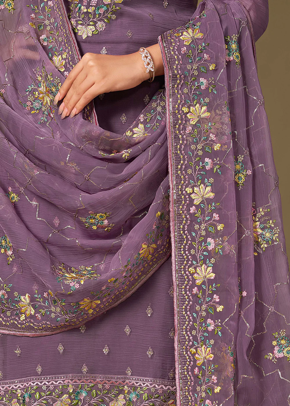 Lavender Chiffon Swarovski Embroidered Salwar Suit - Image 4