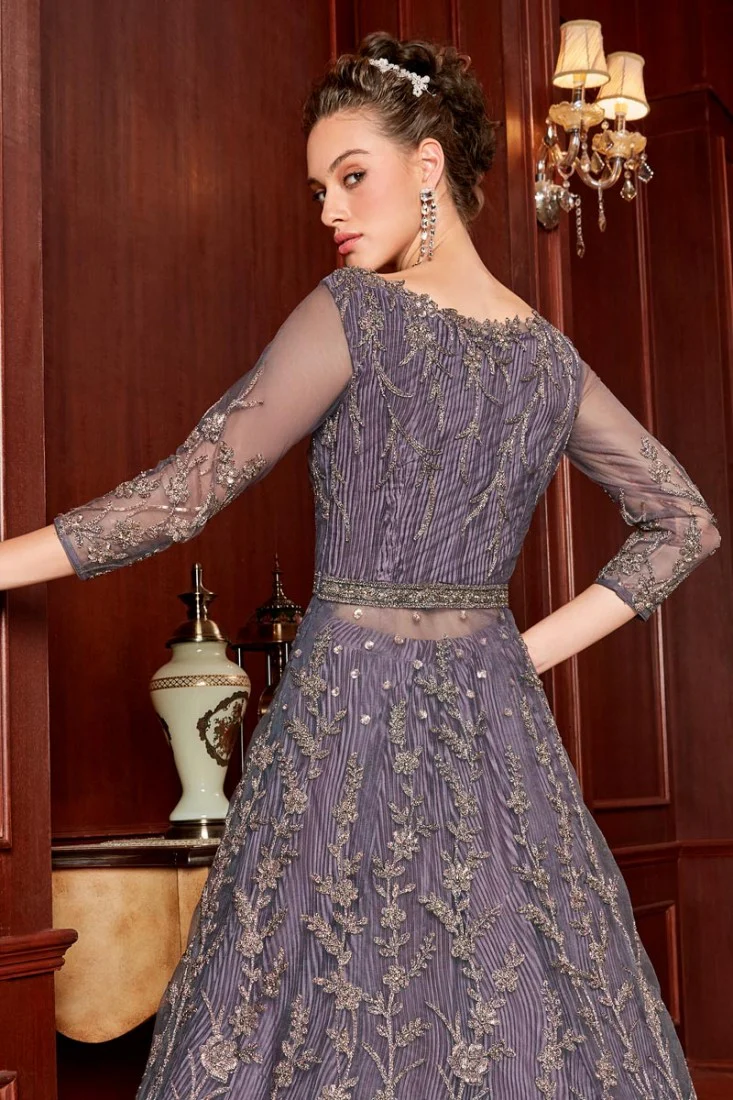 Lavender Color Net Abaya Style Embroidered Anarkali Suit - Image 2