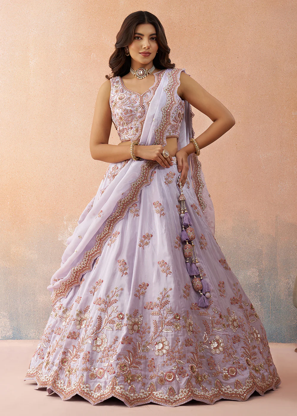 Lavender Color Sequins Embroidery Tissue Lehenga Choli - Image 4