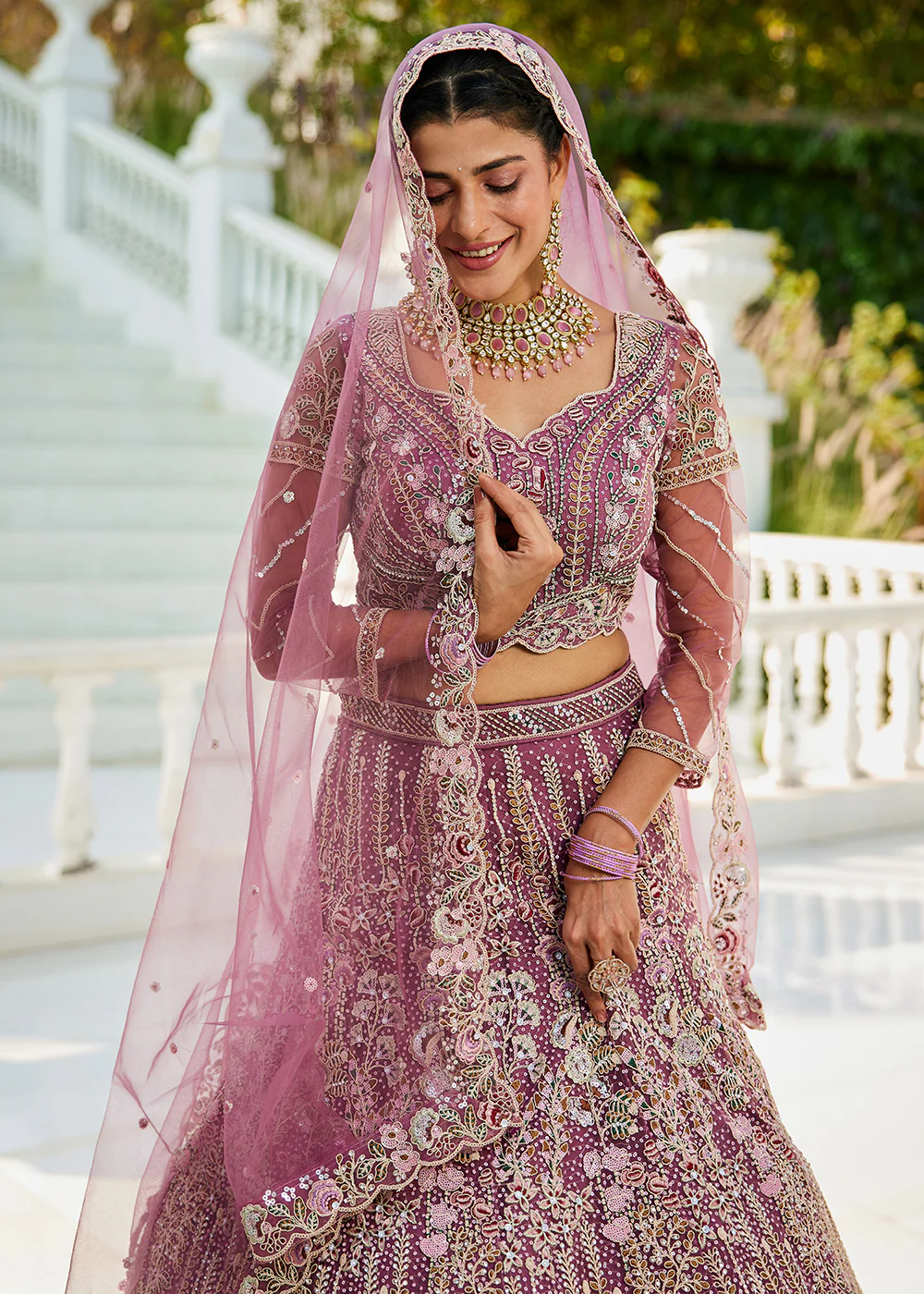 Lavender Cording & Zarkan Embroidered Net Lehenga Choli - Image 2