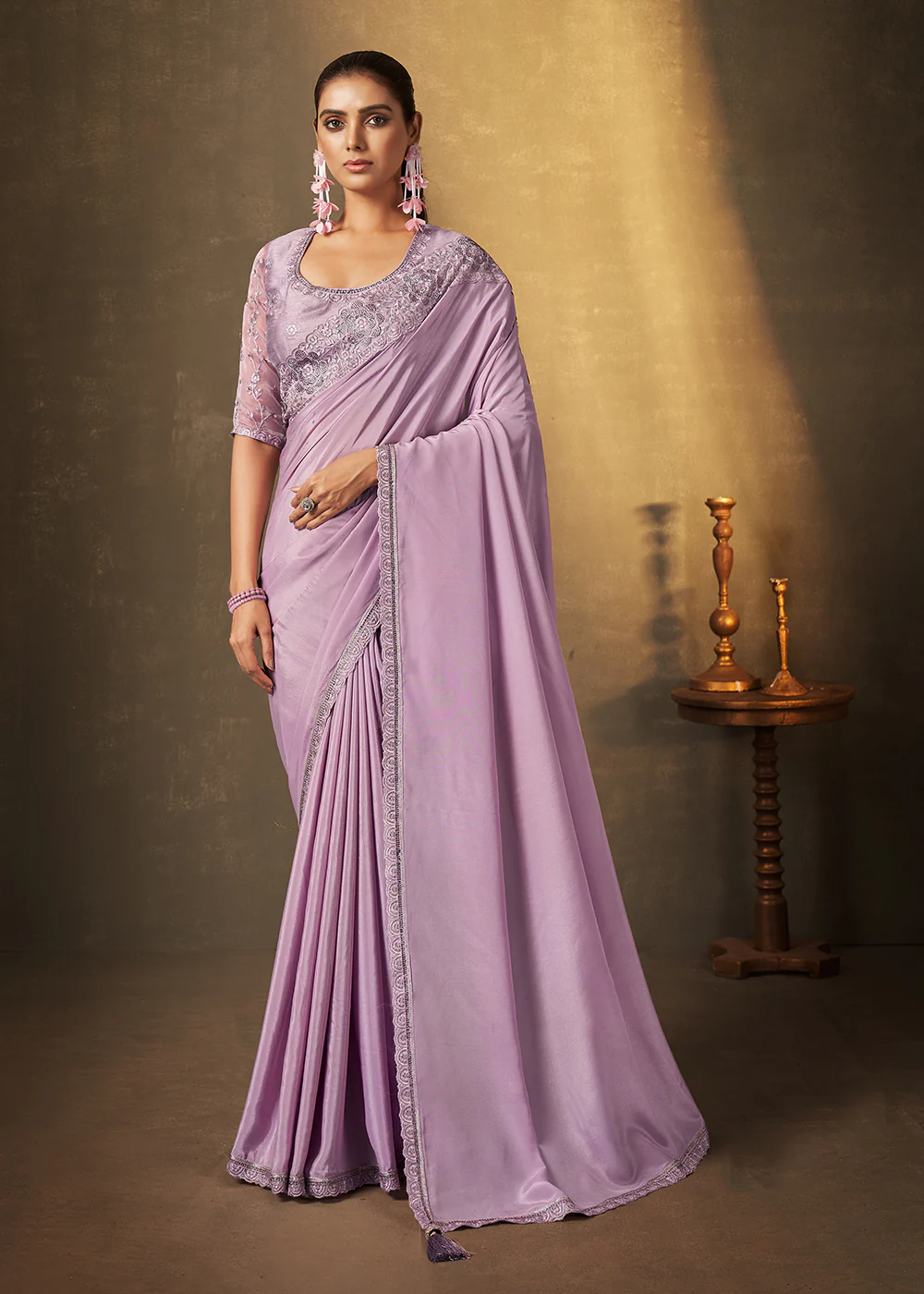 Lavender Crepe Georgette Silk Embroidered Designer Saree