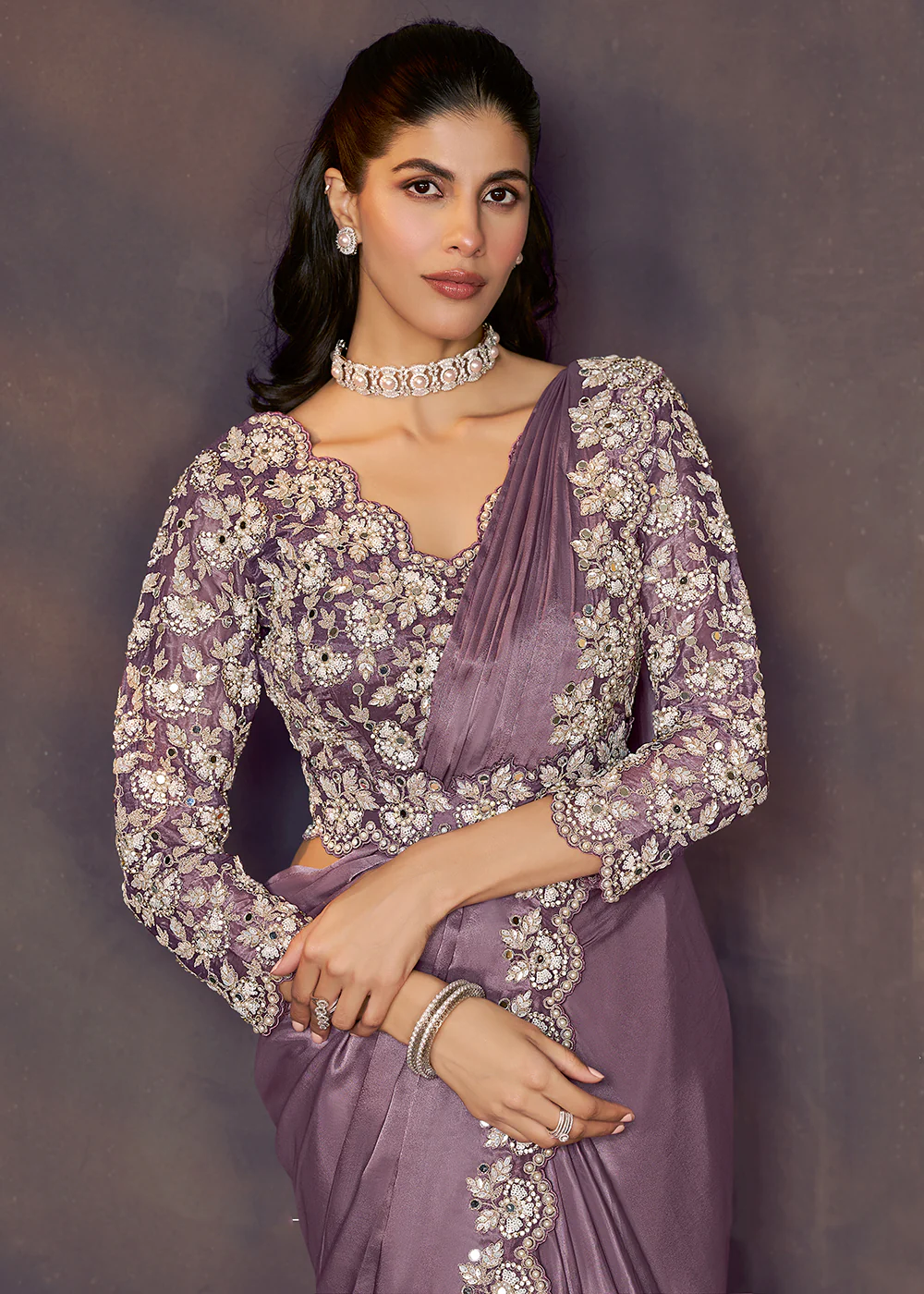 Lavender Designer Party Style Pre Draped Saree - Image 2