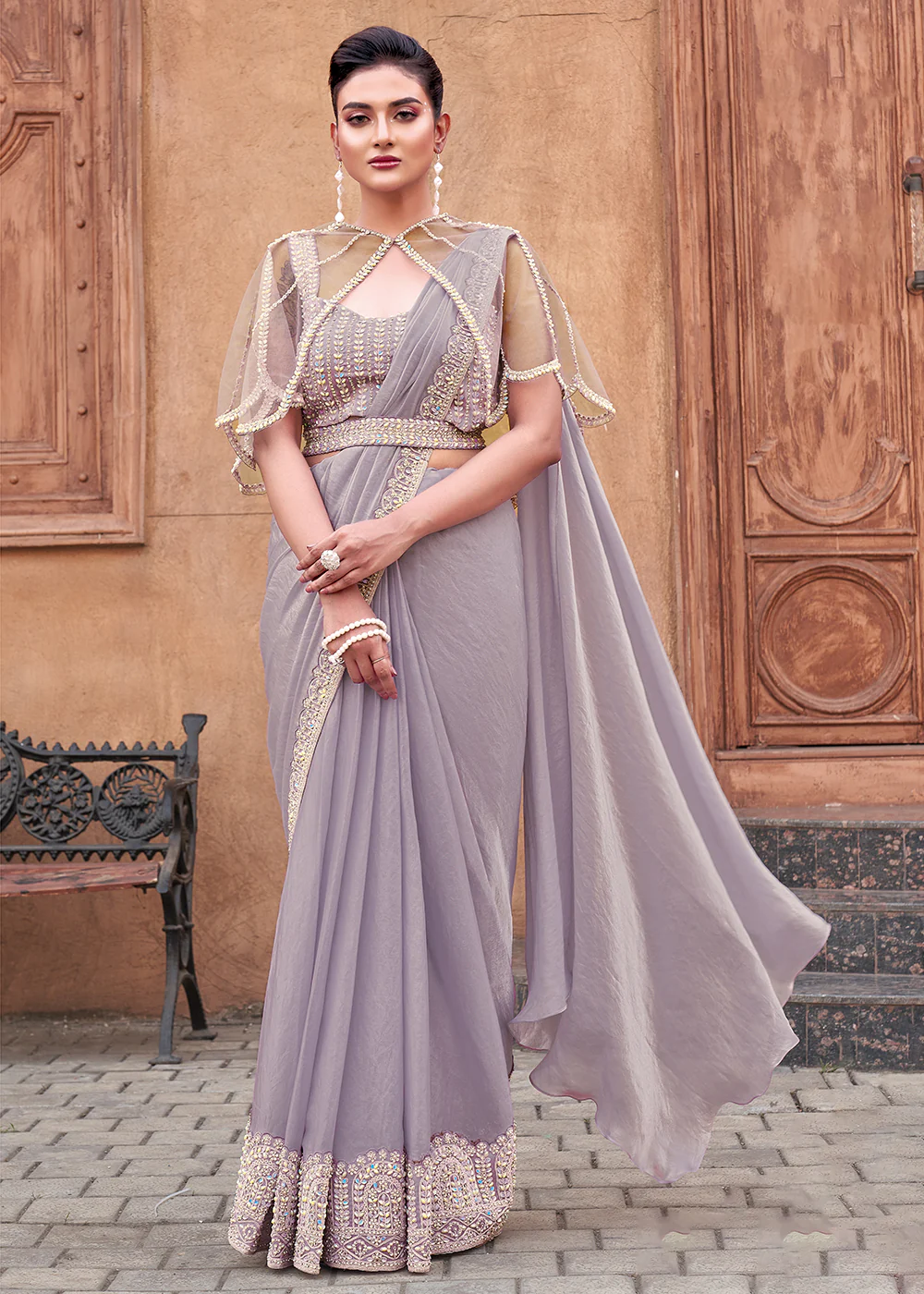 Lavender Embroidered Designer Ready to Wear Saree