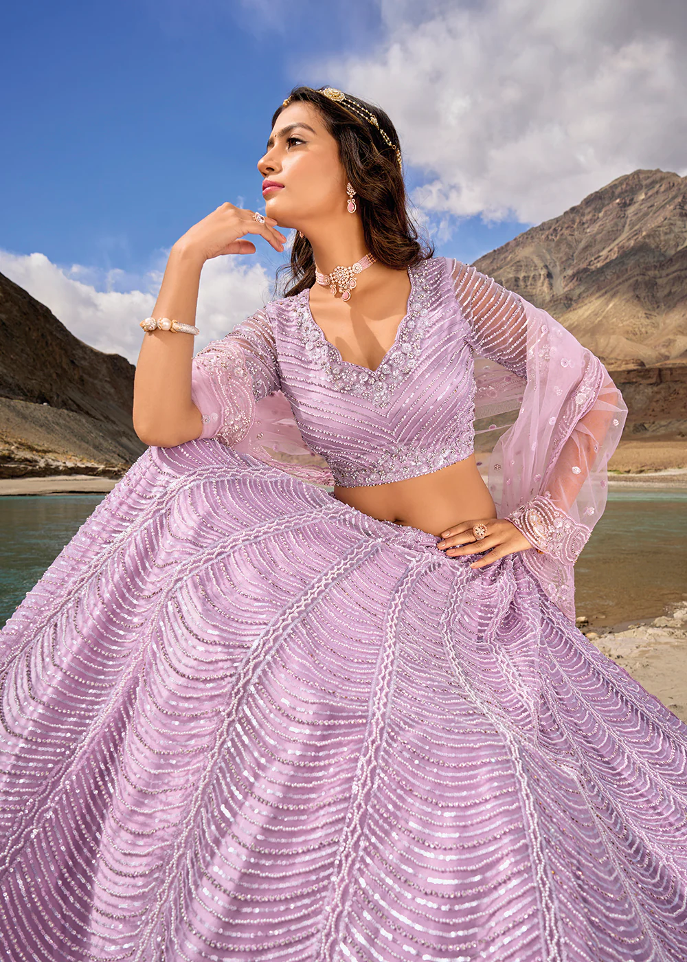 Lavender Embroidered Pure Net Designer Bridal Lehenga Choli - Image 2