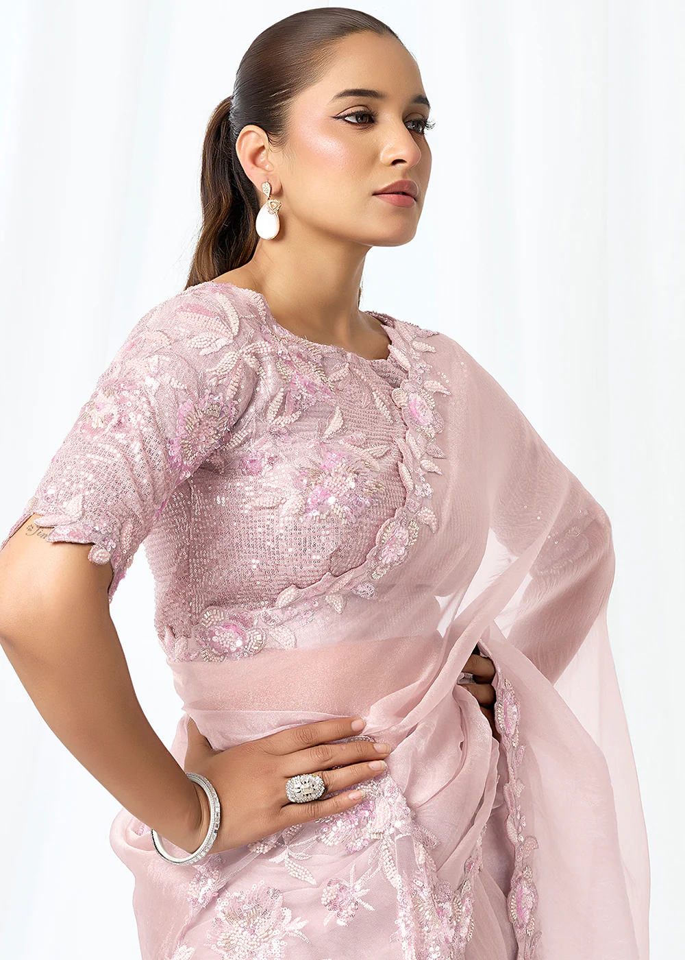 Lavender Embroidered Wedding Party Wear Saree - Image 3