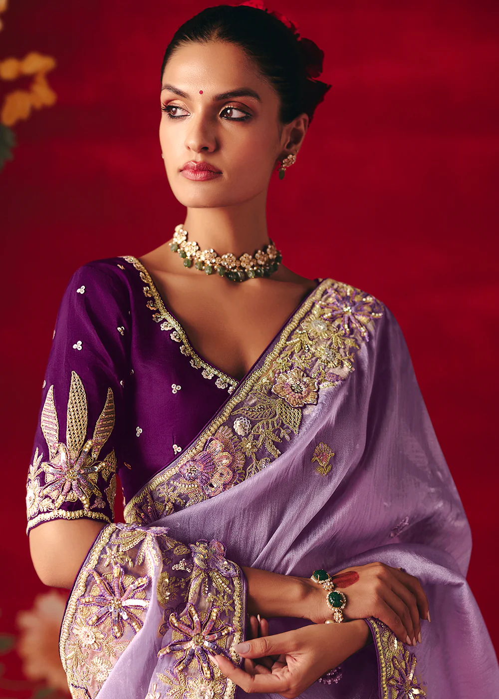 Lavender Fancy Material Wedding Designer Saree - Image 4