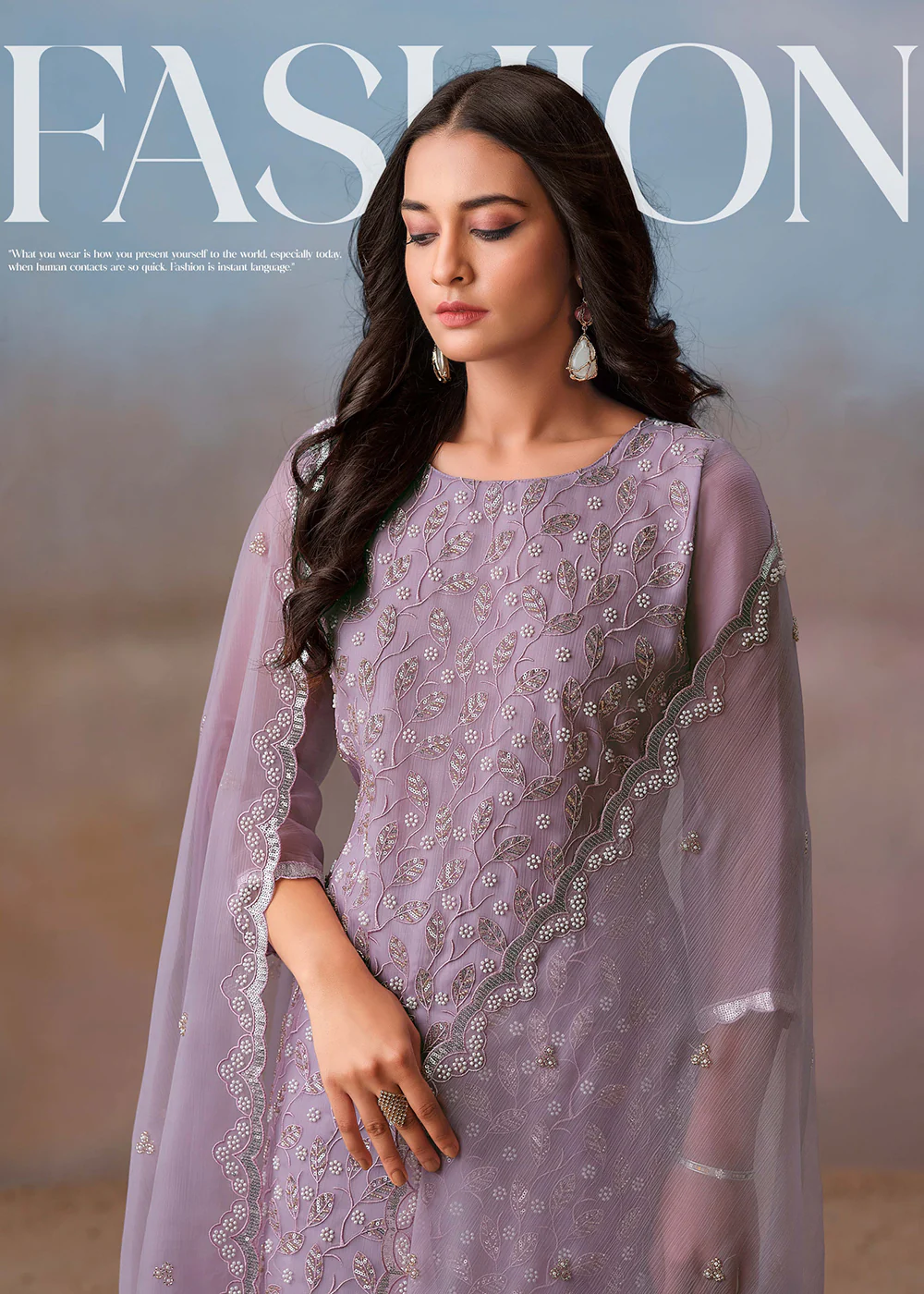 Lavender Festive Style Beads Work Chiffon Salwar Suit - Image 2