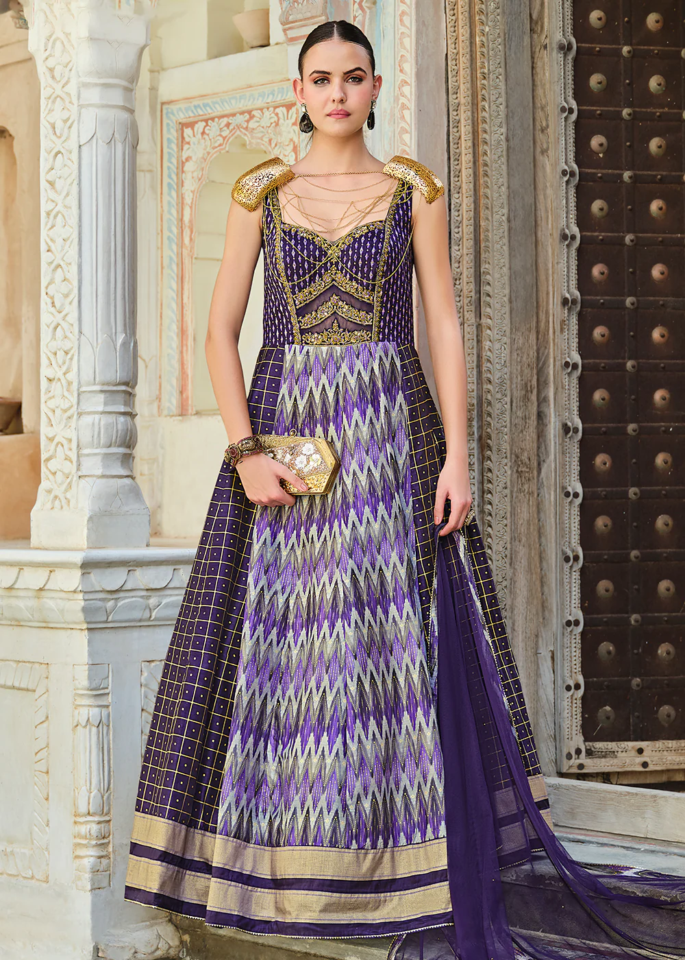 Lavender Foil Printed Silk Embroidered Festive Anarkali Gown