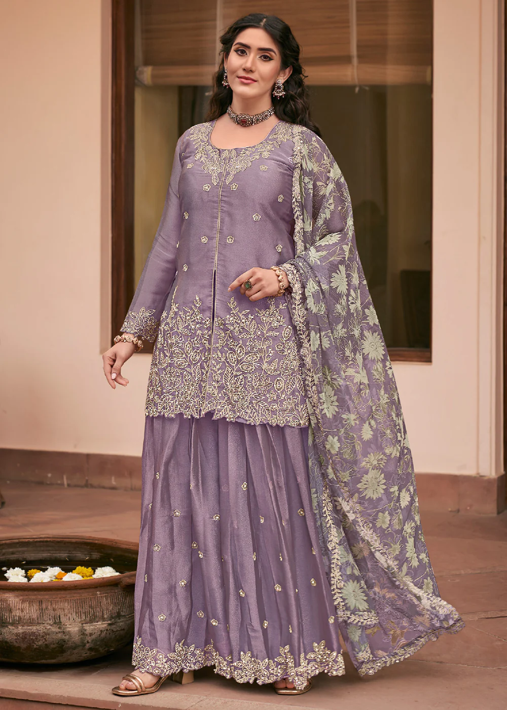 Lavender Front Slit Style Embroidered Silk Palazzo Suit