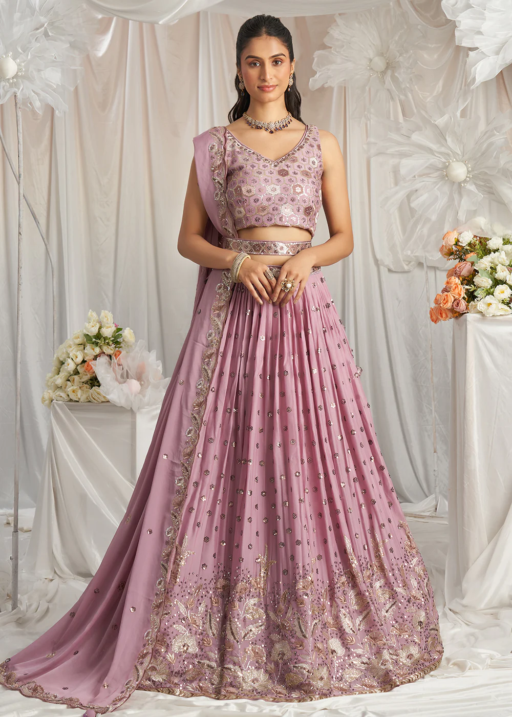 Lavender Georgette Cording Threads Embroidered Lehenga Choli