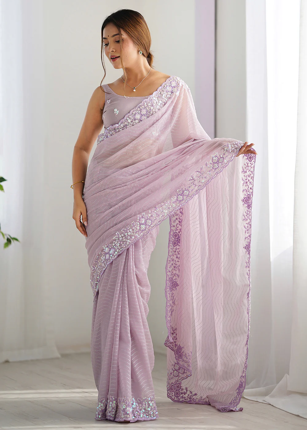 Lavender Georgette Designer Sequins Work Party Wear Saree