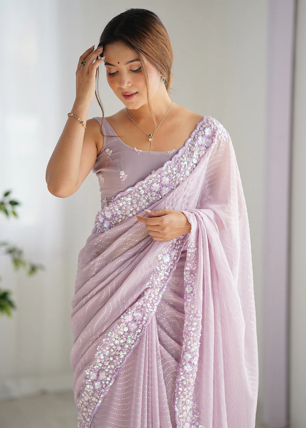 Lavender Georgette Designer Sequins Work Party Wear Saree - Image 2