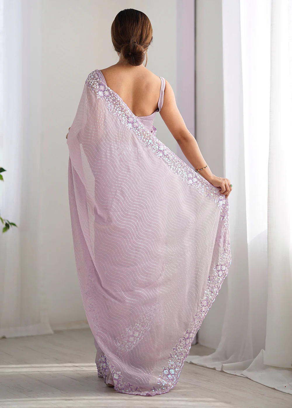 Lavender Georgette Designer Sequins Work Party Wear Saree - Image 3