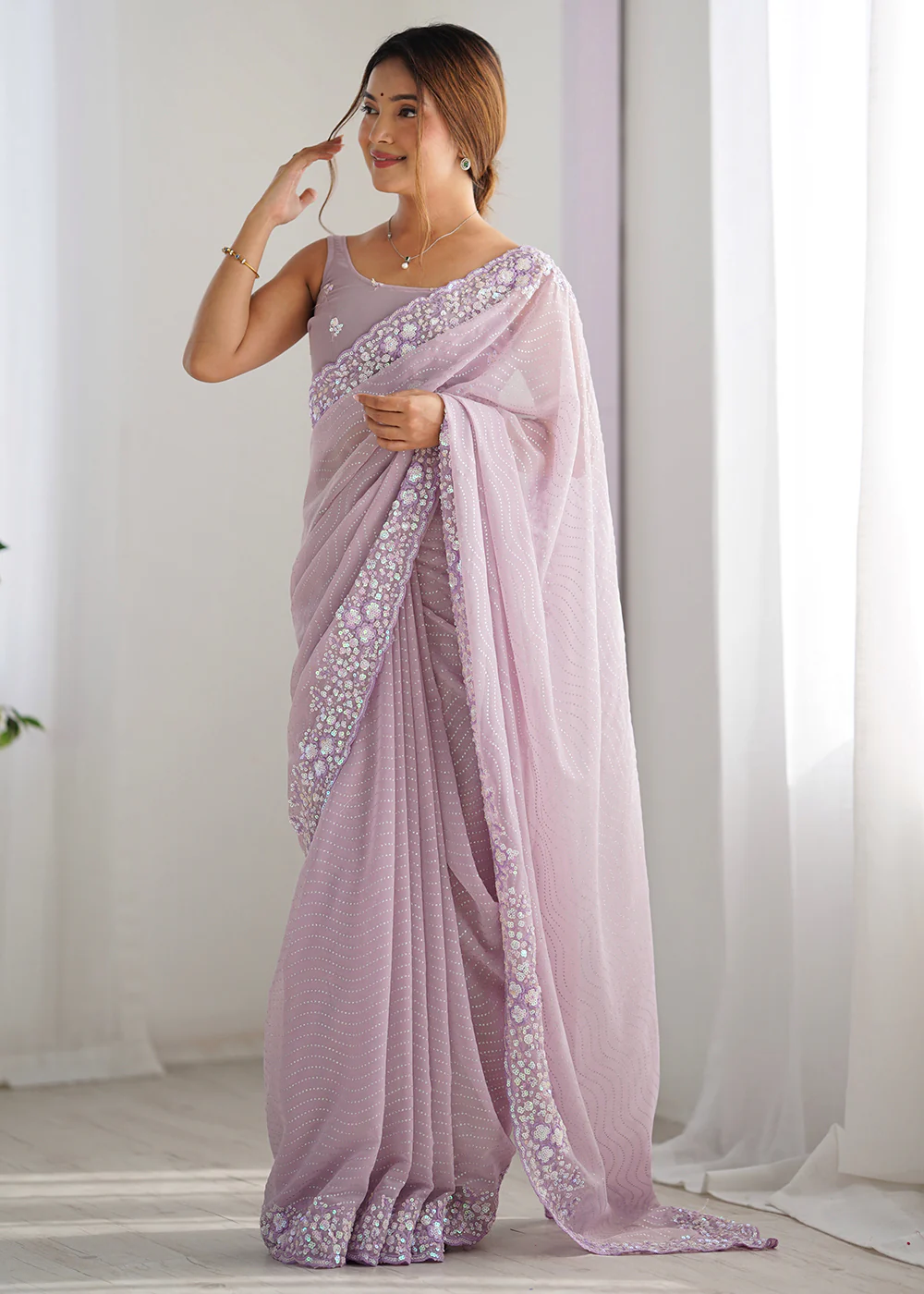 Lavender Georgette Designer Sequins Work Party Wear Saree - Image 4
