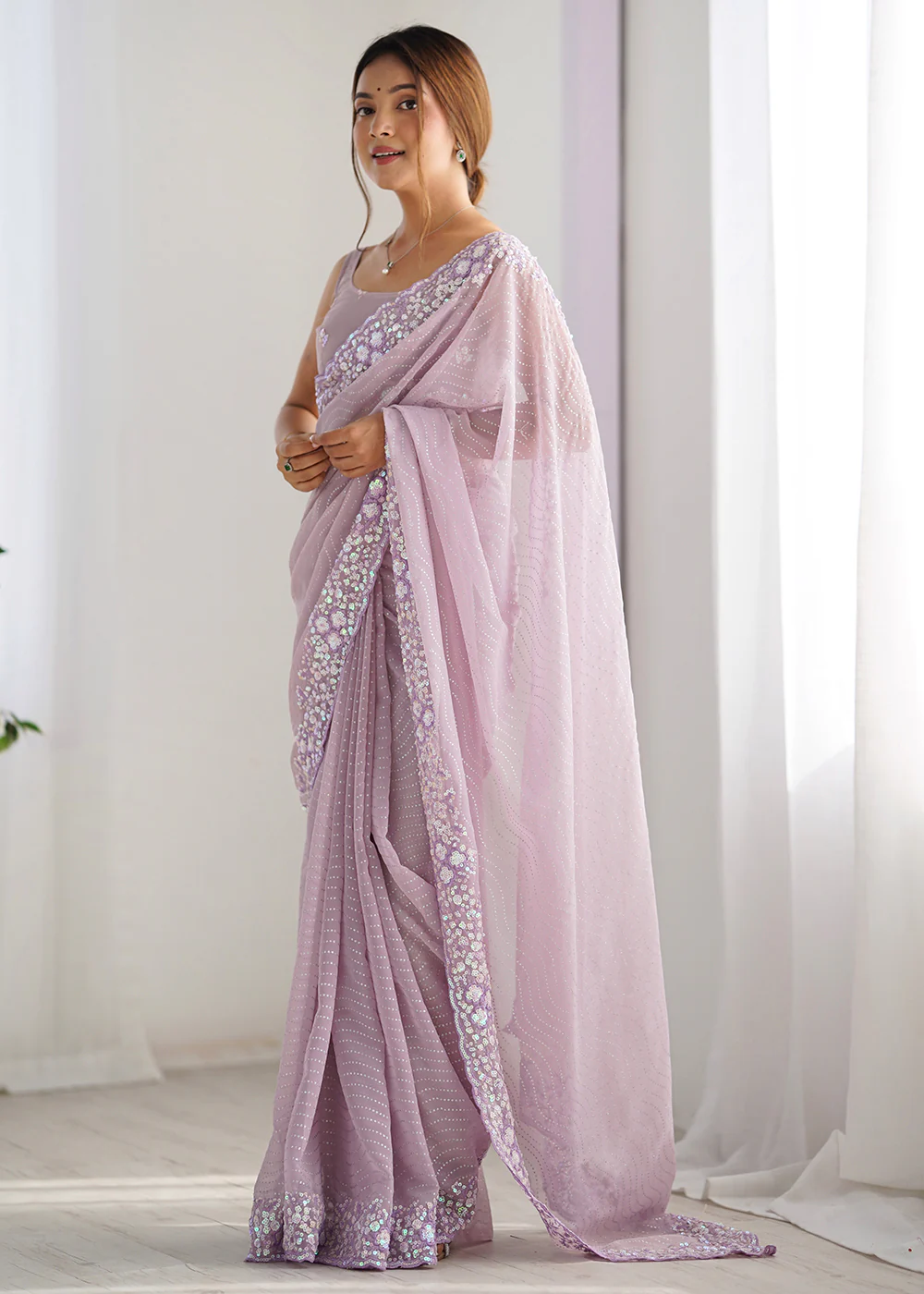 Lavender Georgette Designer Sequins Work Party Wear Saree - Image 5