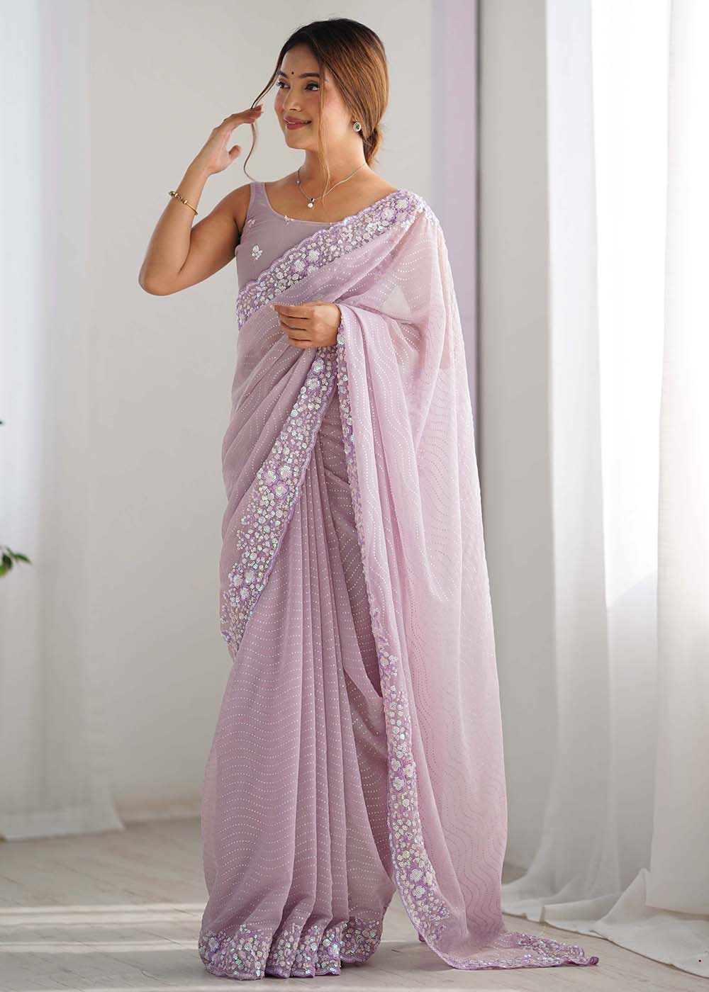 Lavender Georgette Designer Sequins Work Party Wear Saree - Image 6