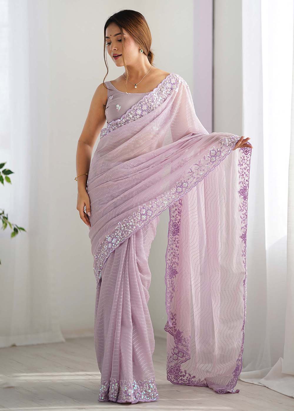 Lavender Georgette Designer Sequins Work Party Wear Saree - Image 7