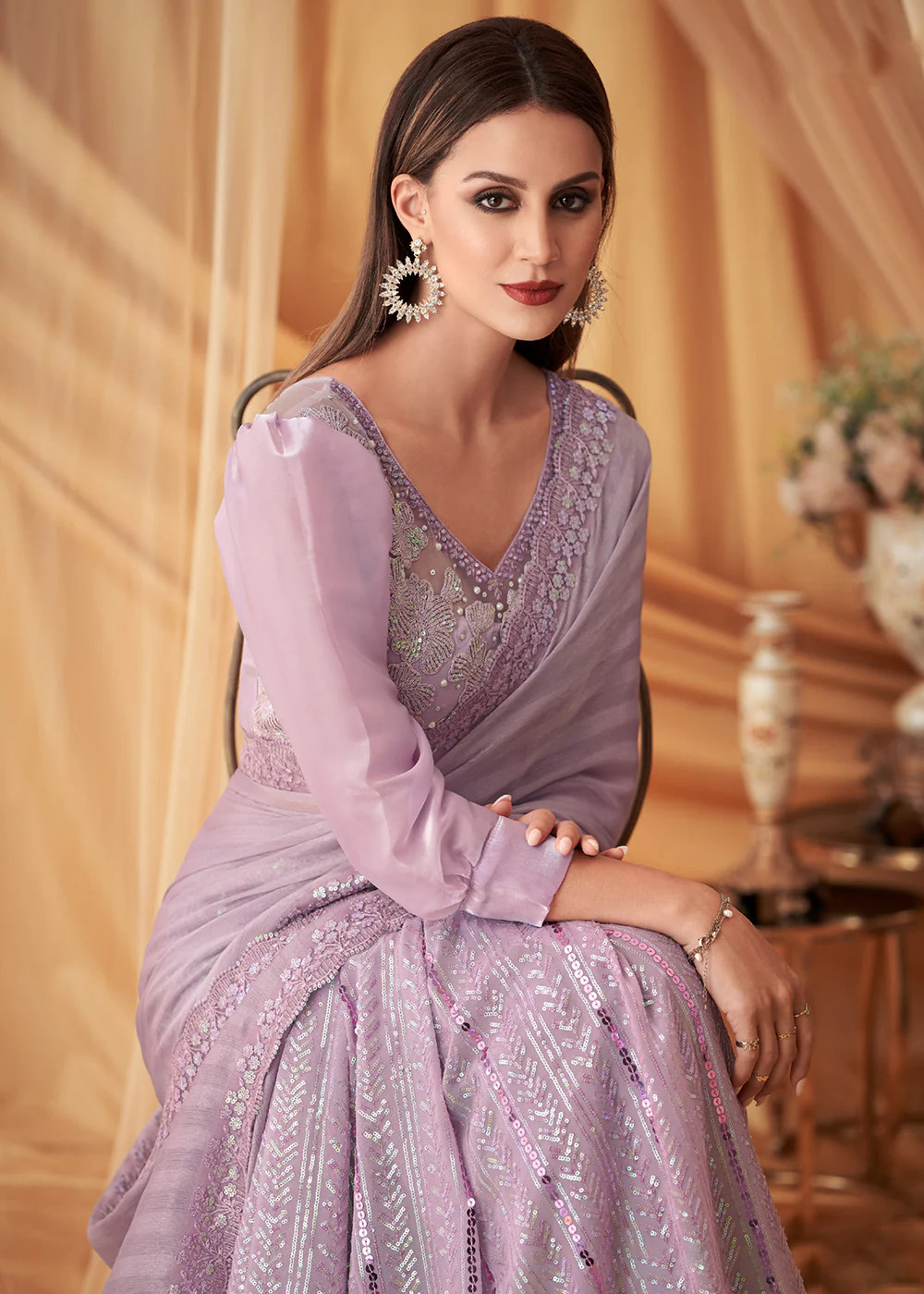 Lavender Georgette Silk Embroidered Festive Party Saree - Image 2