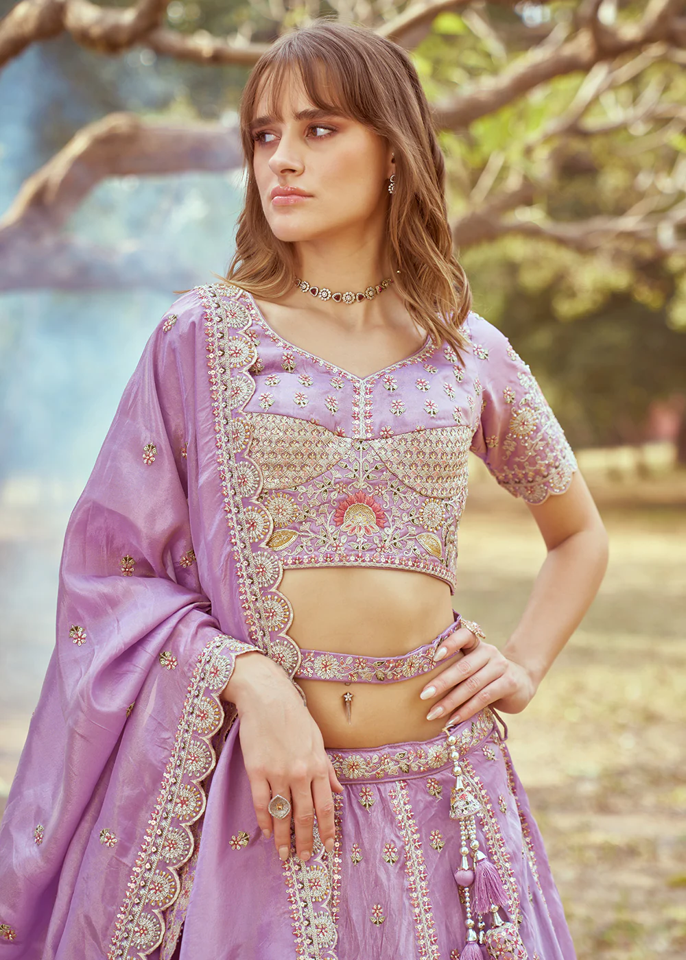 Lavender Gold Crushed Tissue Designer Lehenga Choli - Image 2