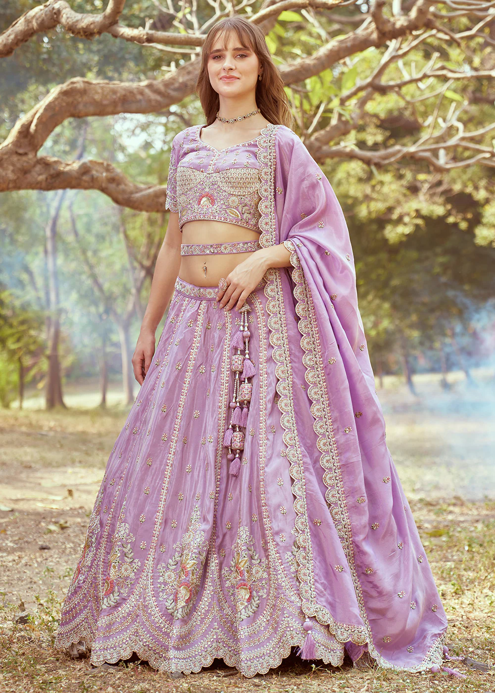 Lavender Gold Crushed Tissue Designer Lehenga Choli - Image 4