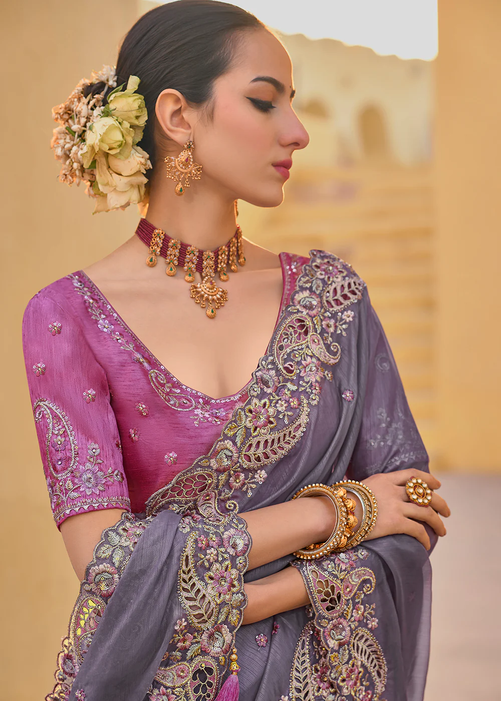Lavender Grey Fancy Tissue Organza Silk Designer Saree - Image 2