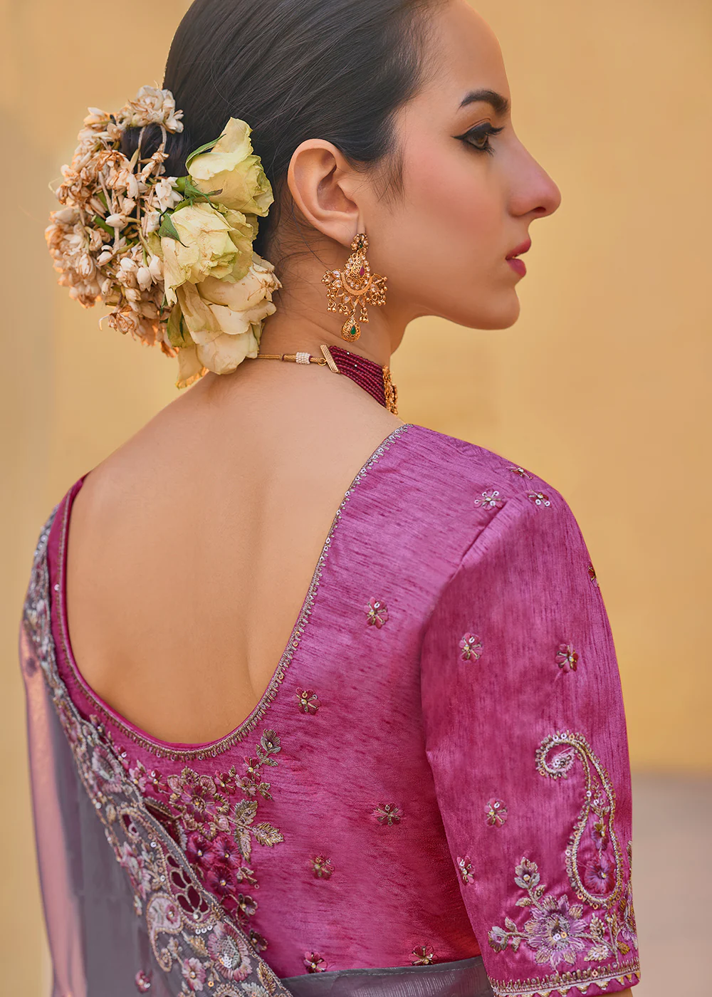 Lavender Grey Fancy Tissue Organza Silk Designer Saree - Image 3