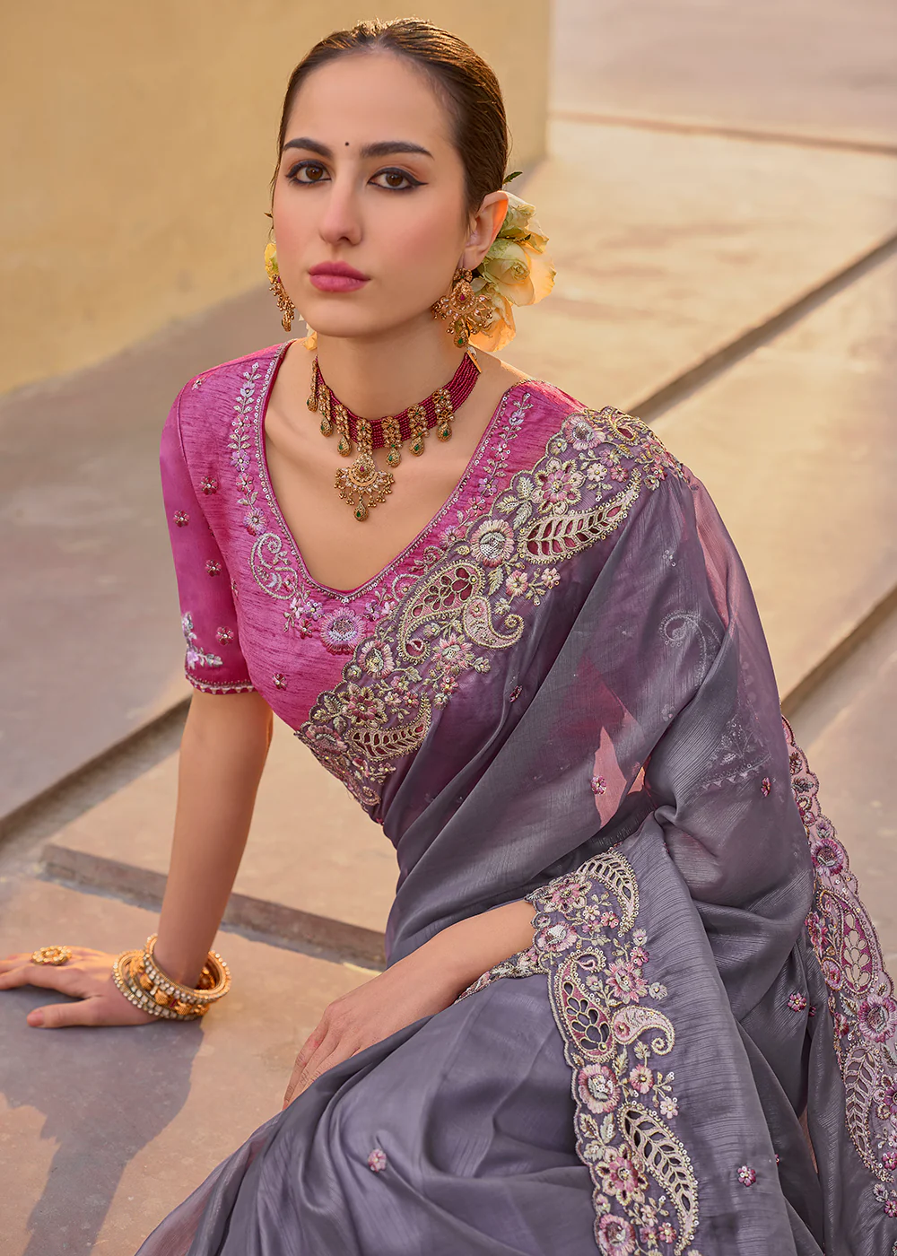 Lavender Grey Fancy Tissue Organza Silk Designer Saree - Image 4