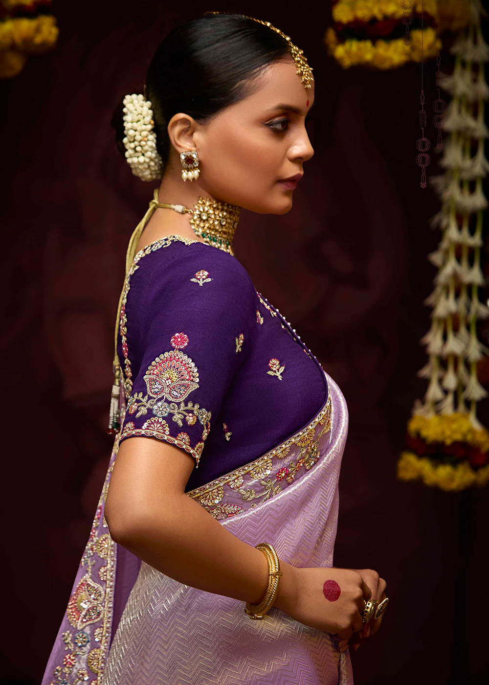 Lavender Kanjivaram Silk Embroidered Designer Saree - Image 2