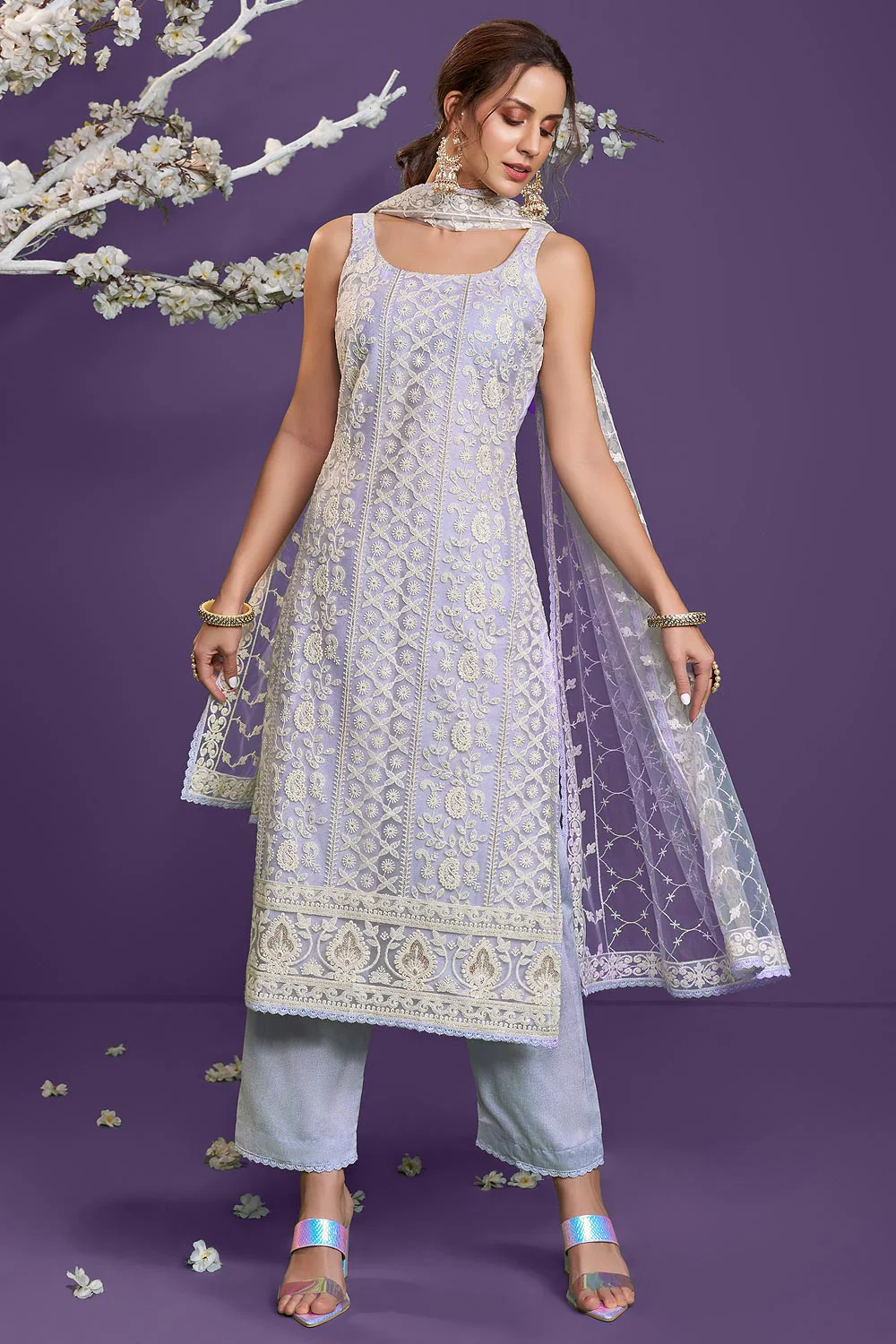 Lavender Lucknowi Chikankari Embroidered Pant Style Suit - Image 3