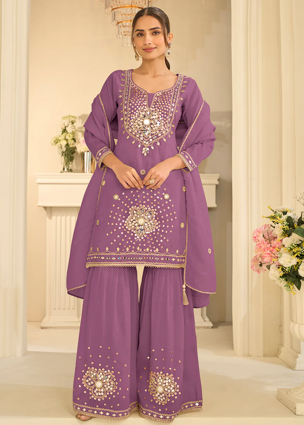 Lavender Mirror Work Shimmer Silk Festive Gharara Suit