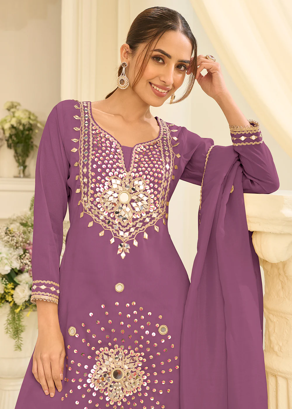 Lavender Mirror Work Shimmer Silk Festive Gharara Suit - Image 2